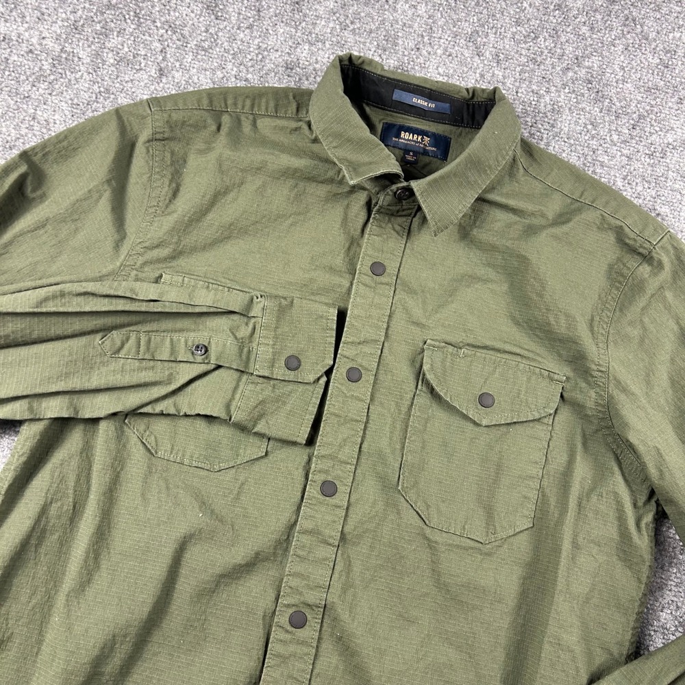 Roark Button Down Shirt Mens Small Green Ripstop Long Sleeve Classic Fit Snap =
